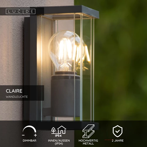 Lucide CLAIRE - Wandleuchte Innen/Außen - 1xE27 - IP54 - Anthrazit - USP